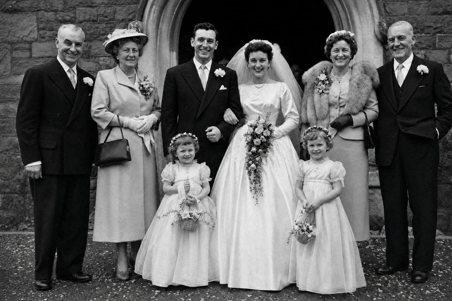 The same wedding group photo restored, with the tears and creases gone