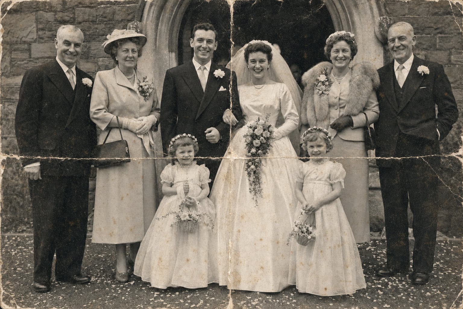 A torn and creased black-and-white wedding group photo outside a church